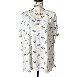Coldwater Creek Bee Print Top Short Sleeve River Blue White Womens Size 3X NEW